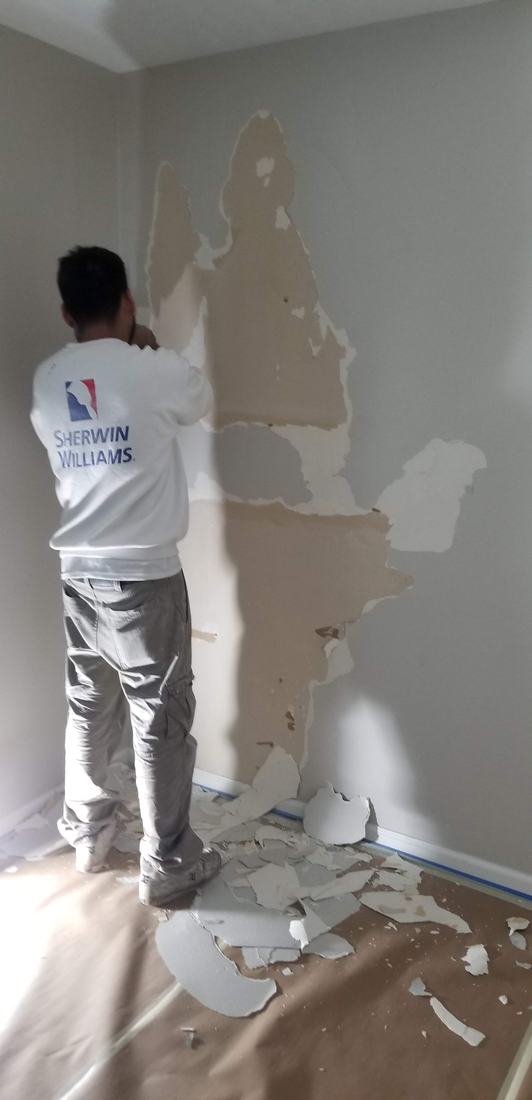 Off The Wall crew member preparing a protected interior wall